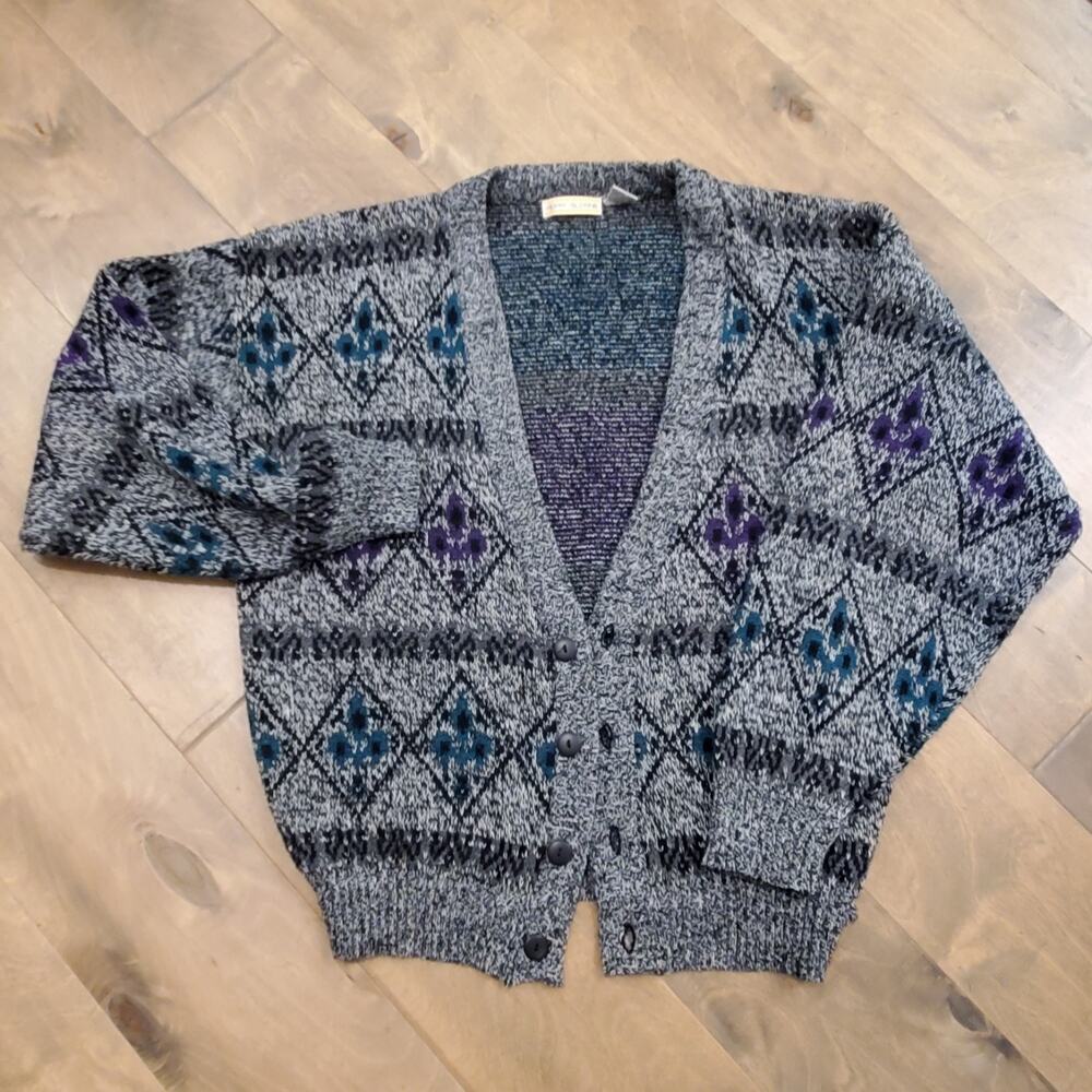 Vtg Adam Sloane Cardigan Sweater Mens L Black Multi Geometric Grandpa Retro Y2K